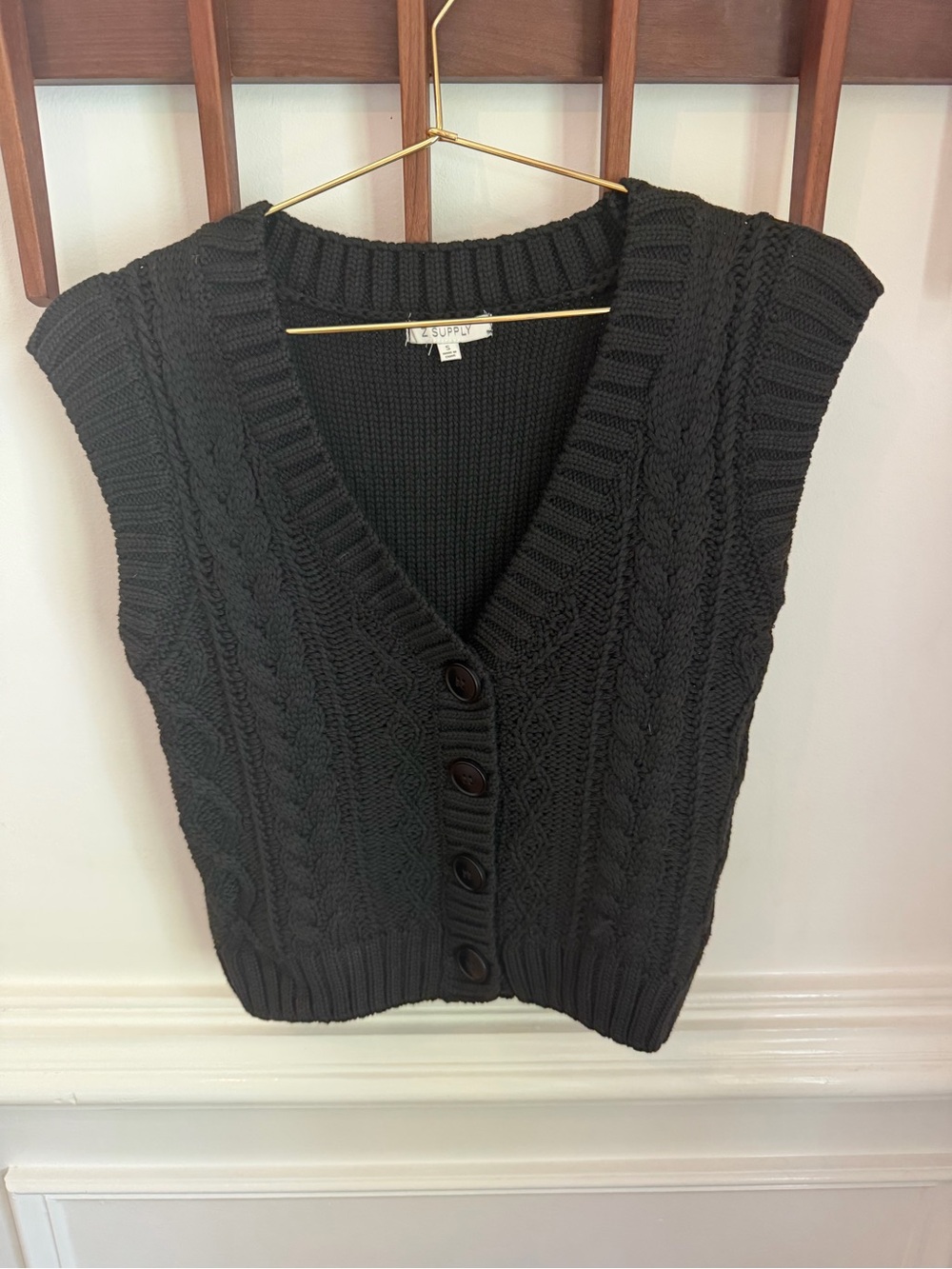 Z Supply Black Cable-Knit V-Neck Button Vest